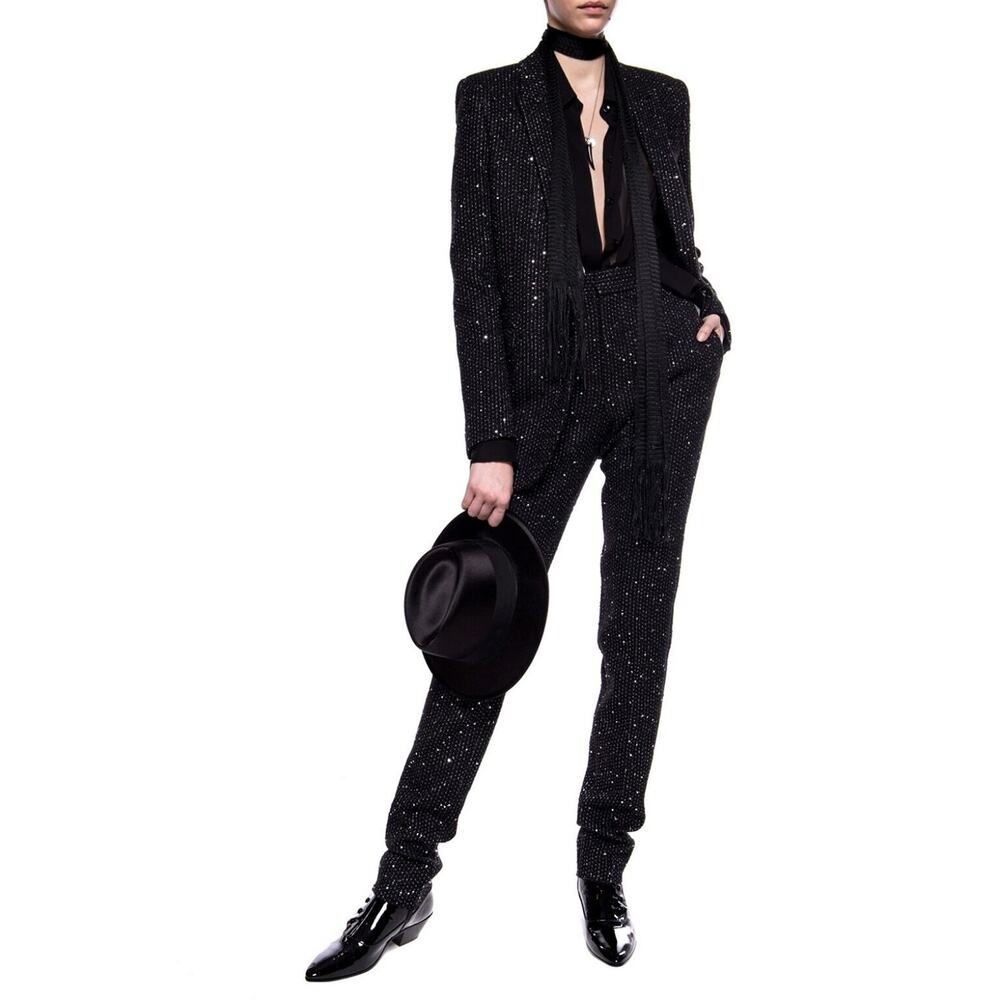 Saint Laurent YSL Women F42 US 10 Tweed Sequined Black Trousers Pants NWT $1650